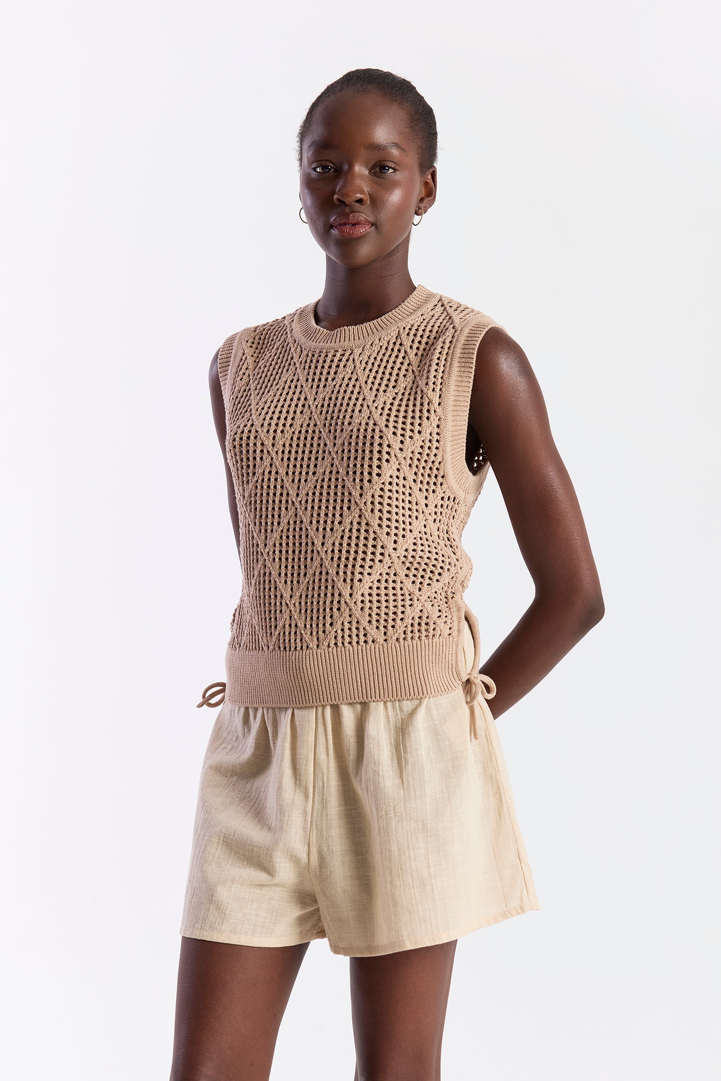 Tie Detail Diamond Vest - Light Brown