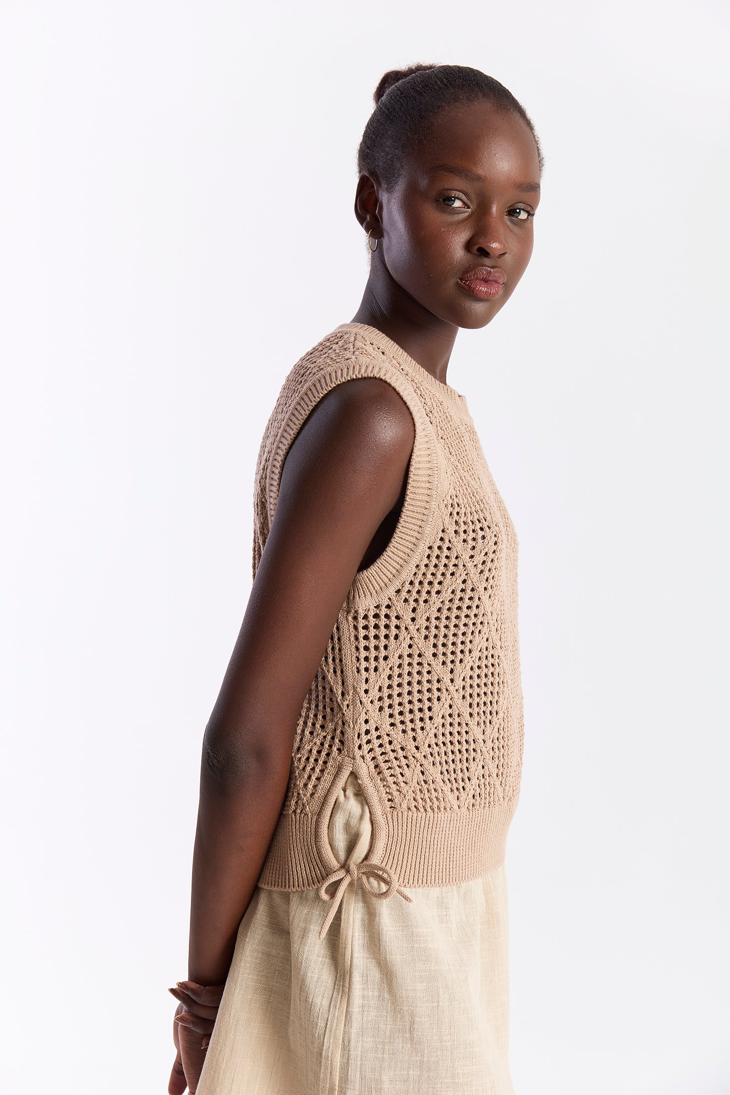 Tie Detail Diamond Vest - Light Brown