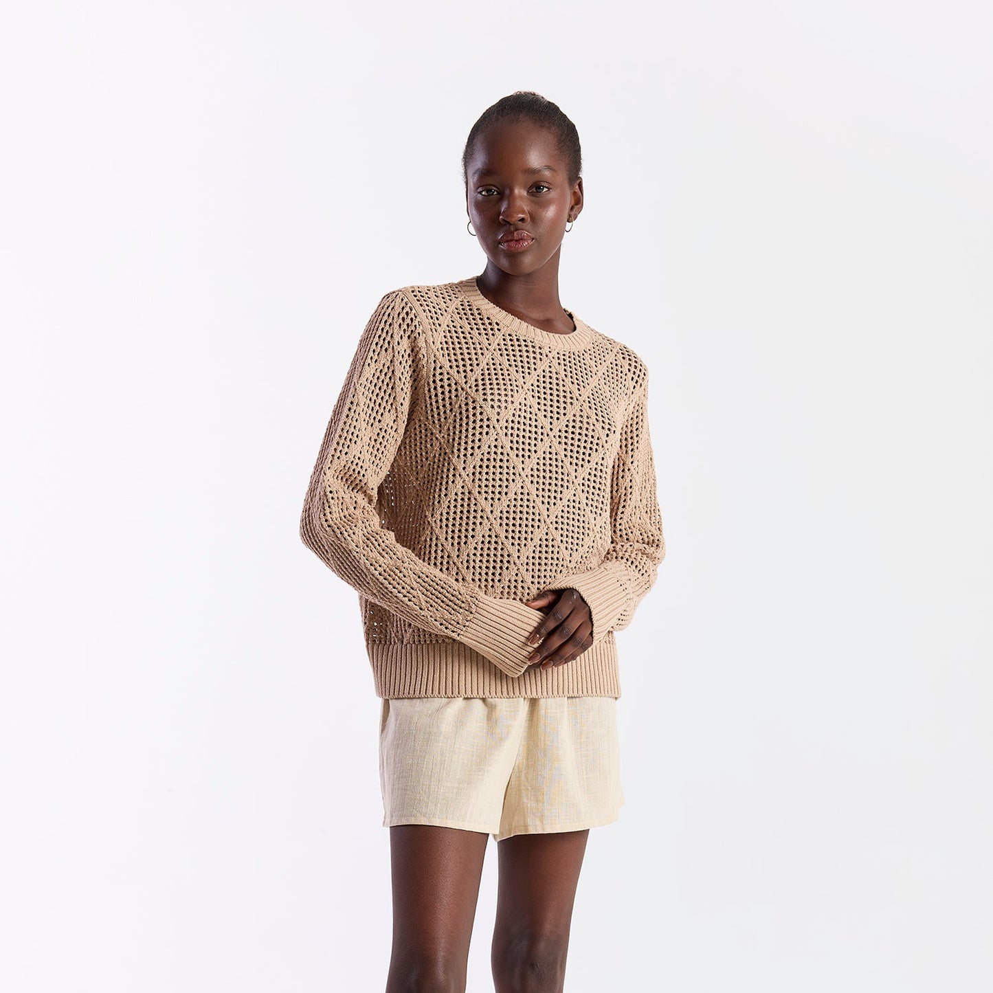 Diamond Pointelle Crew top - Light Brown