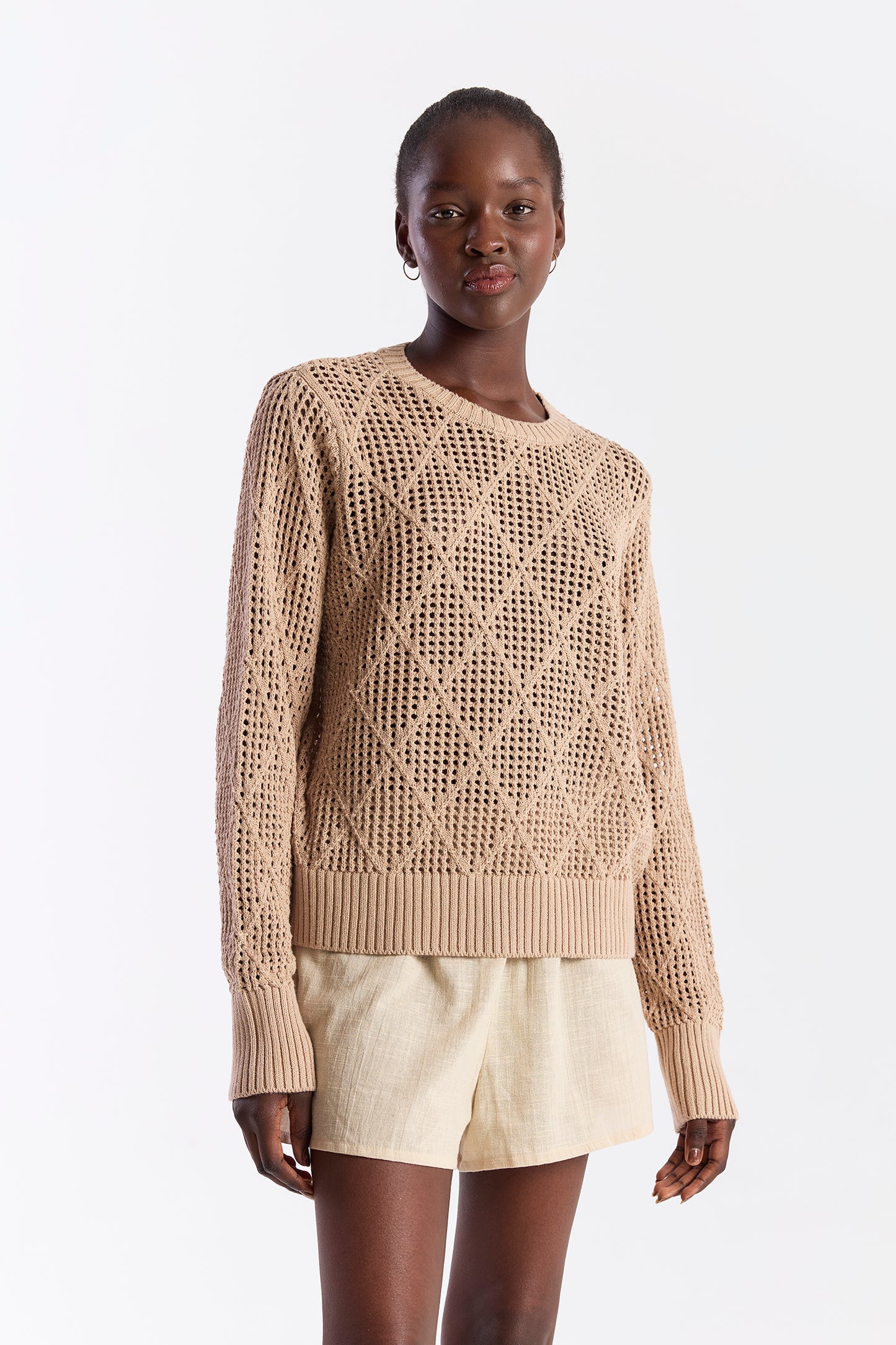 Diamond Pointelle Crew top - Light Brown