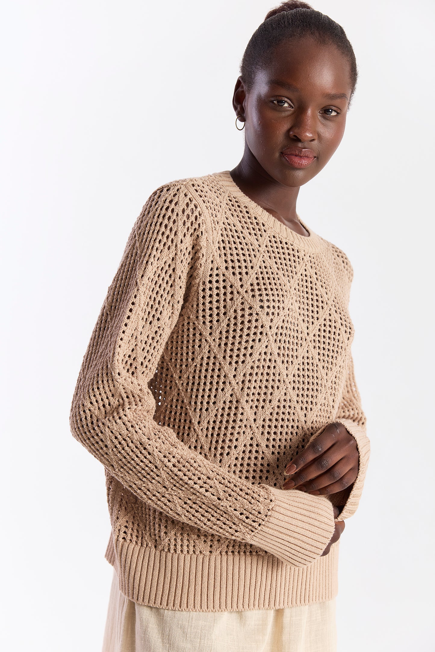 Diamond Pointelle Crew top - Light Brown