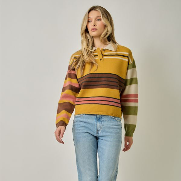 Stripe Knit Polo - Mustard