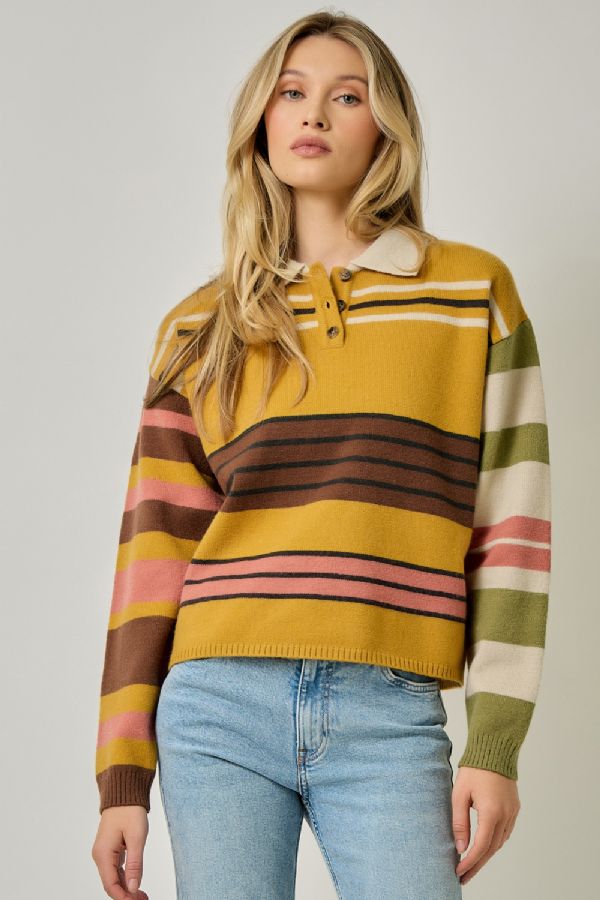 Stripe Knit Polo - Mustard