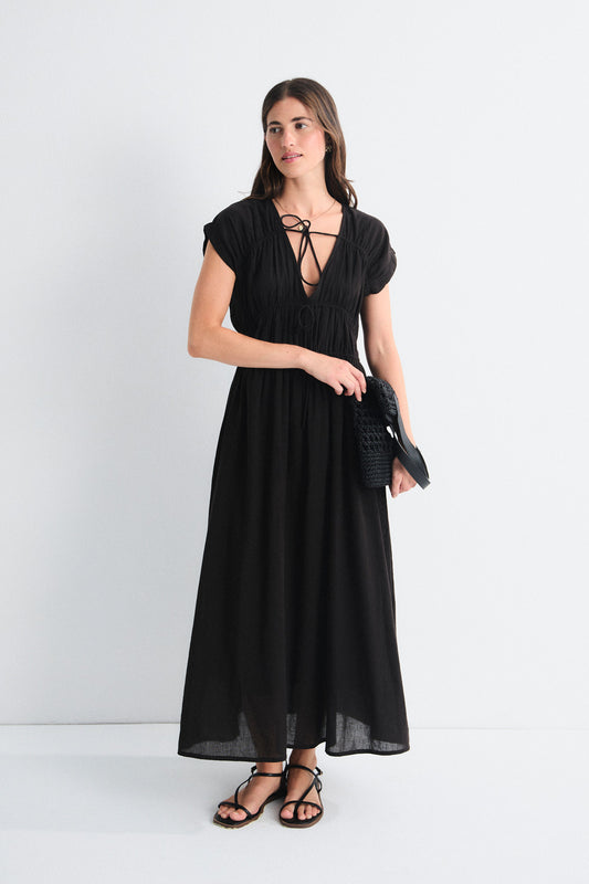 Greta Long Gathered Dress - Black
