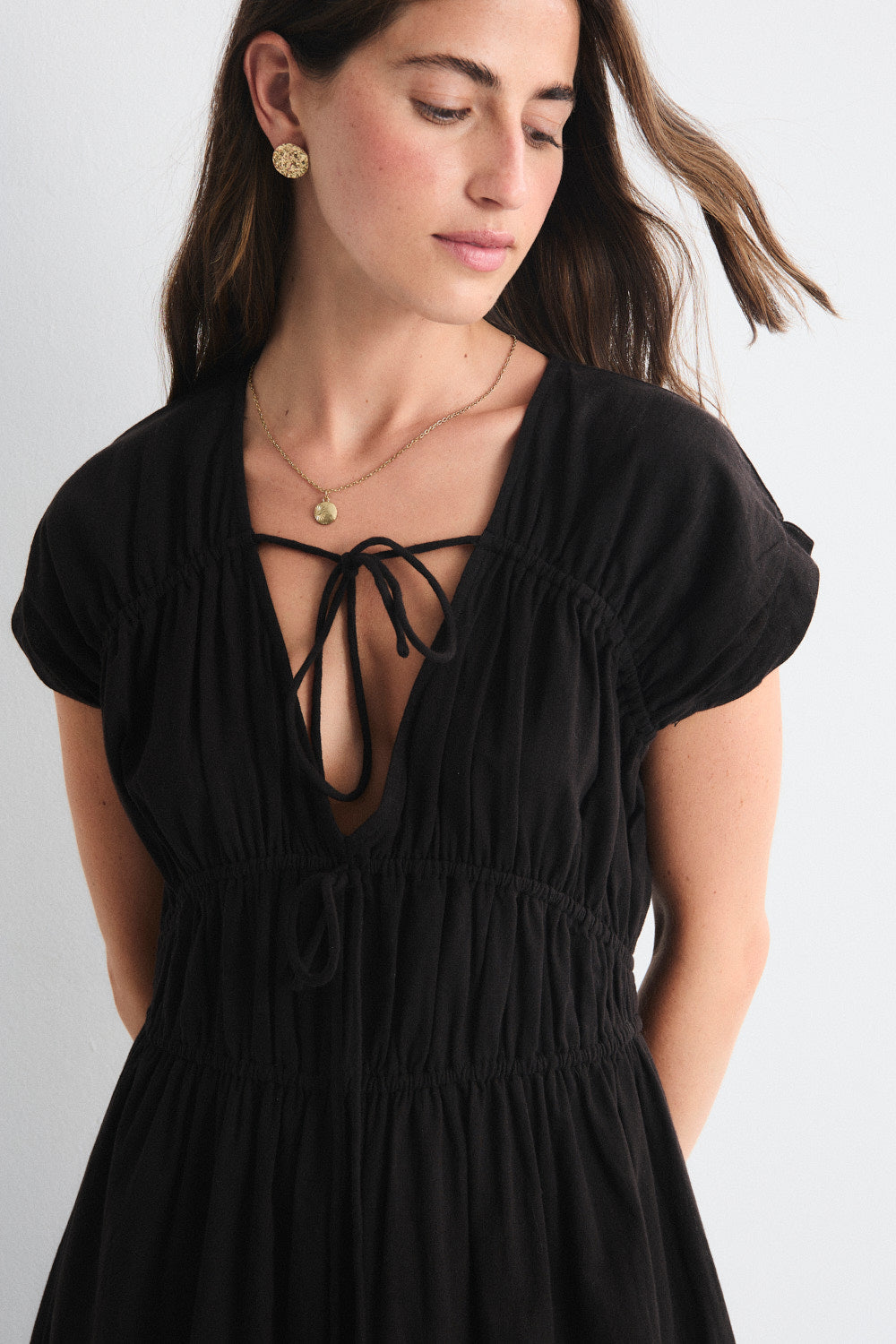 Greta Long Gathered Dress - Black