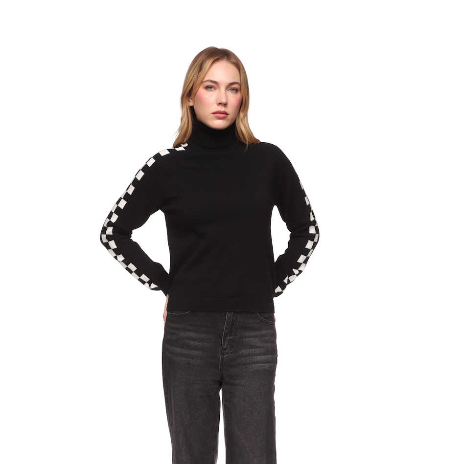 Chelsea Checkered Sleeve Sweater - Black